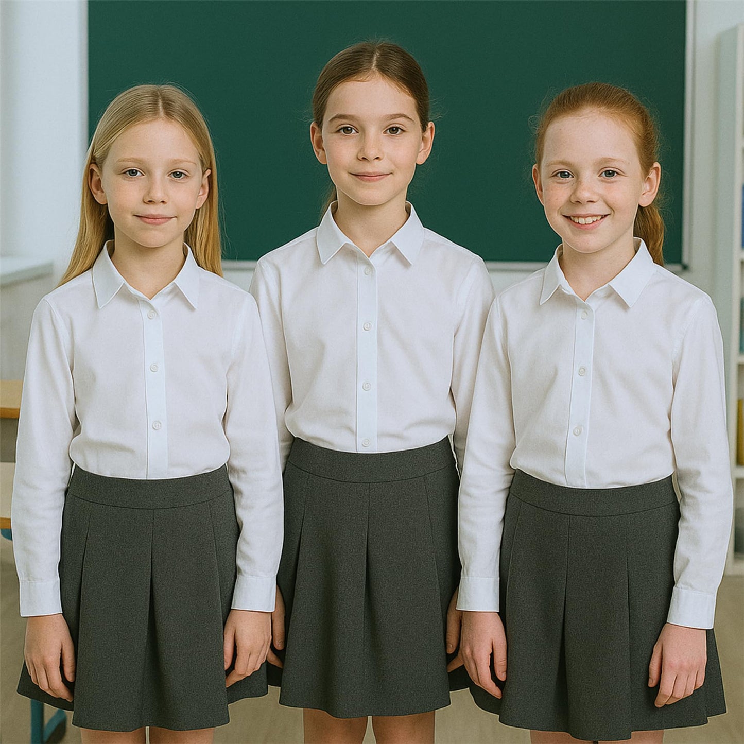 SchoolStitch® Girls Long Sleeve School Shirts, Pack of 2 Plain Collared Button Down Girls Blouse with Cuffed Sleeves, School Uniform White Shirt Kids Ages 3-15+