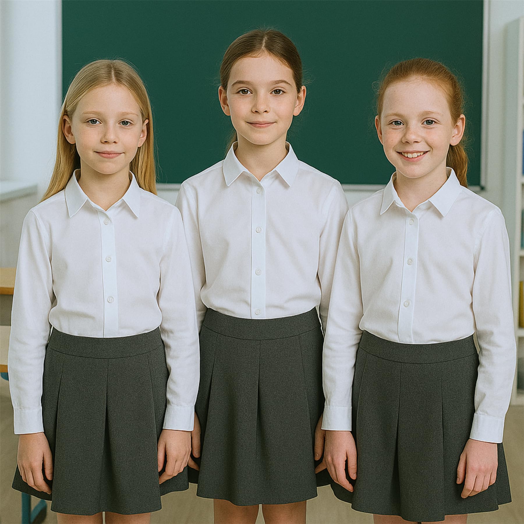 SchoolStitch® Girls Long Sleeve School Shirts, Pack of 2 Plain Collared Button Down Girls Blouse with Cuffed Sleeves, School Uniform White Shirt Kids Ages 3-15+