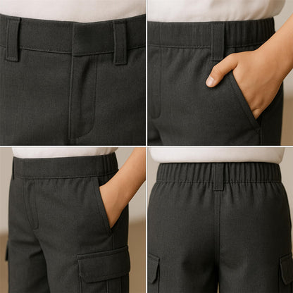 SchoolStitch® Boys School Uniform Cargo Shorts, Teflon-Coated Plain Elasticated Waist Boys Shorts with Zip and Clip Fastening, Black & Grey Uniform Summer Short Pants, Ages 3-13 Years