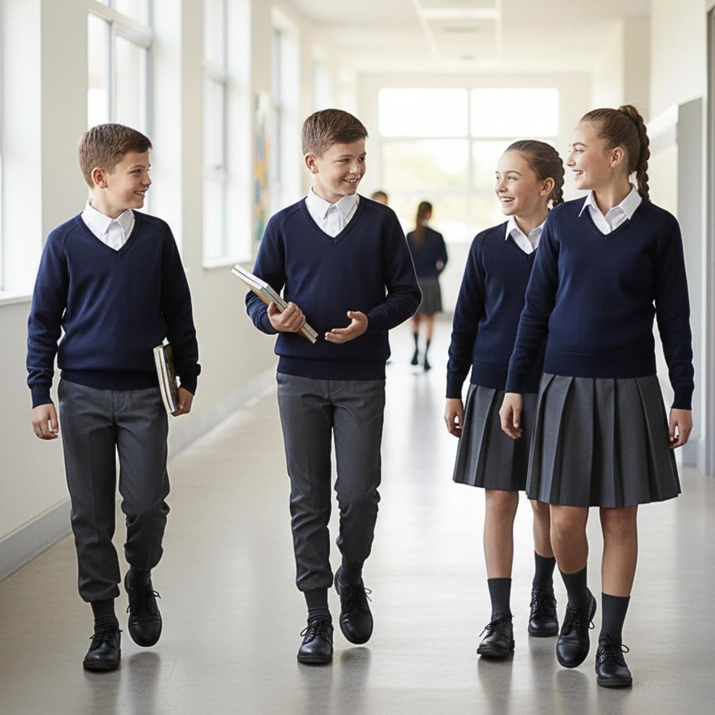 School Stitch® School Uniform V Neck Jumper, Kids Cotton Blend Long Sleeve Top Sweatshirt for Boys, Warm Plain Jumpers for Girls, Classic Grey, Navy & Black V Neck Jumper, Age 3-13 Years