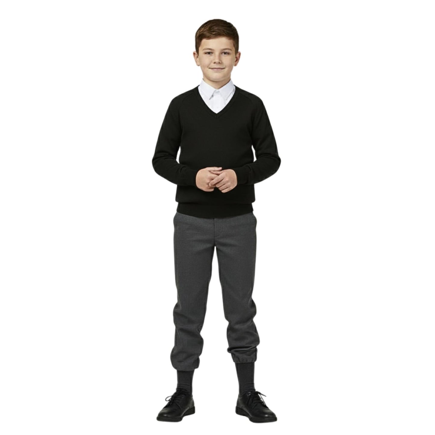 School Stitch® School Uniform V Neck Jumper, Kids Cotton Blend Long Sleeve Top Sweatshirt for Boys, Warm Plain Jumpers for Girls, Classic Grey, Navy & Black V Neck Jumper, Age 3-13 Years