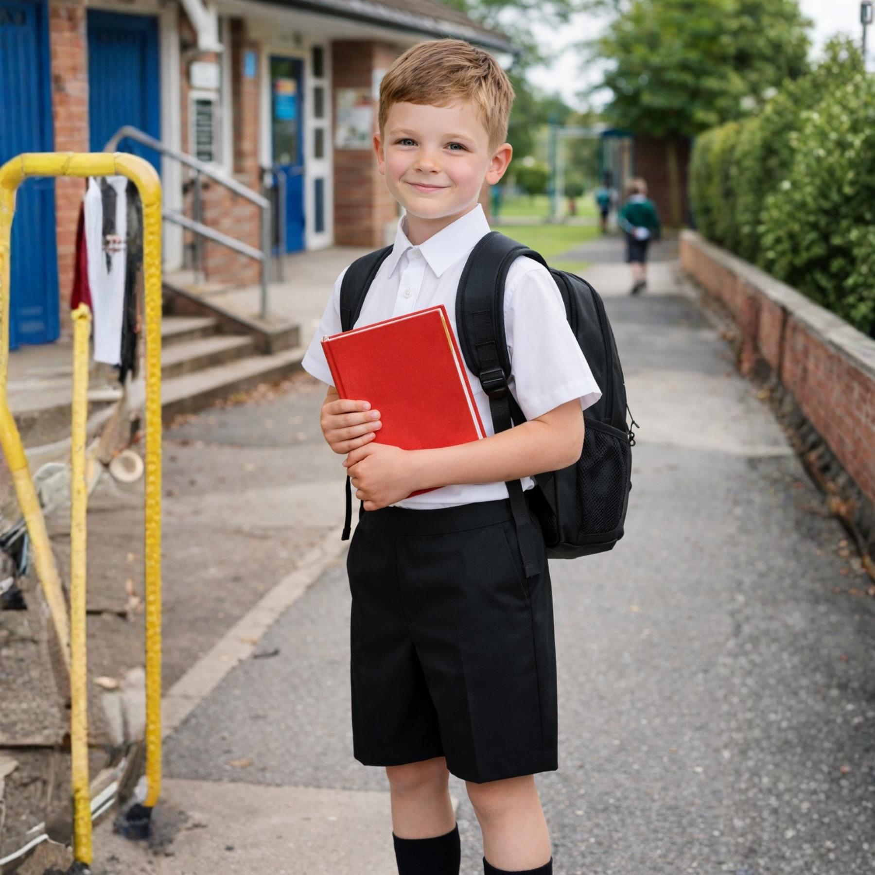 School Stitch® Boys School Shorts, Waist Adjuster with Half Elastic Back Knee Length Pull On Shorts With Pockets, Kids Plain Teflon Coated Black Short Pants, School Uniform Boys Ages 2-13