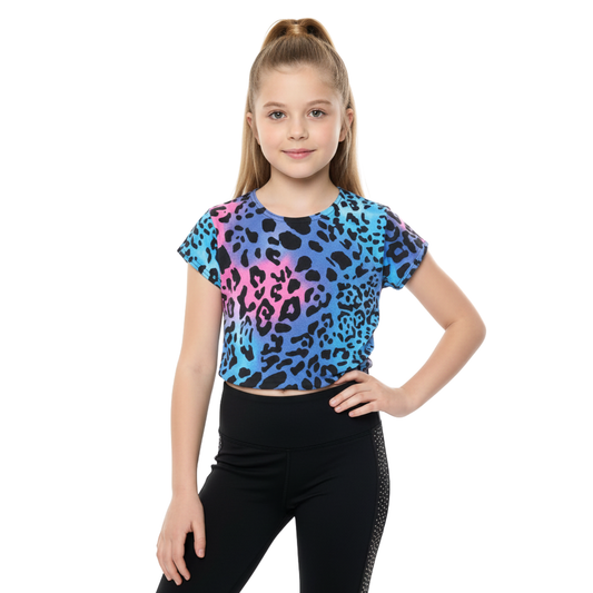 Girls Cape Sleeve Crop Top Leopard Print