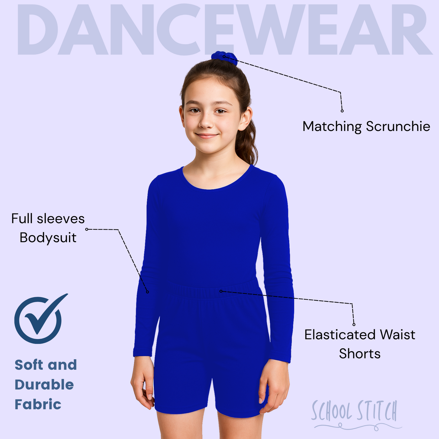 School Stitch® 3 Piece gymnastics leotards for girls Set, Kids Microfiber Long Sleeve Bodysuit With dance shorts & Scrunchie, Stylish Ballet Dress Leotards for Girls Gymnastics Kids Bodysuit Age 3-13