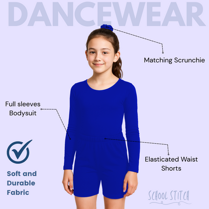 School Stitch® 3 Piece gymnastics leotards for girls Set, Kids Microfiber Long Sleeve Bodysuit With dance shorts & Scrunchie, Stylish Ballet Dress Leotards for Girls Gymnastics Kids Bodysuit Age 3-13