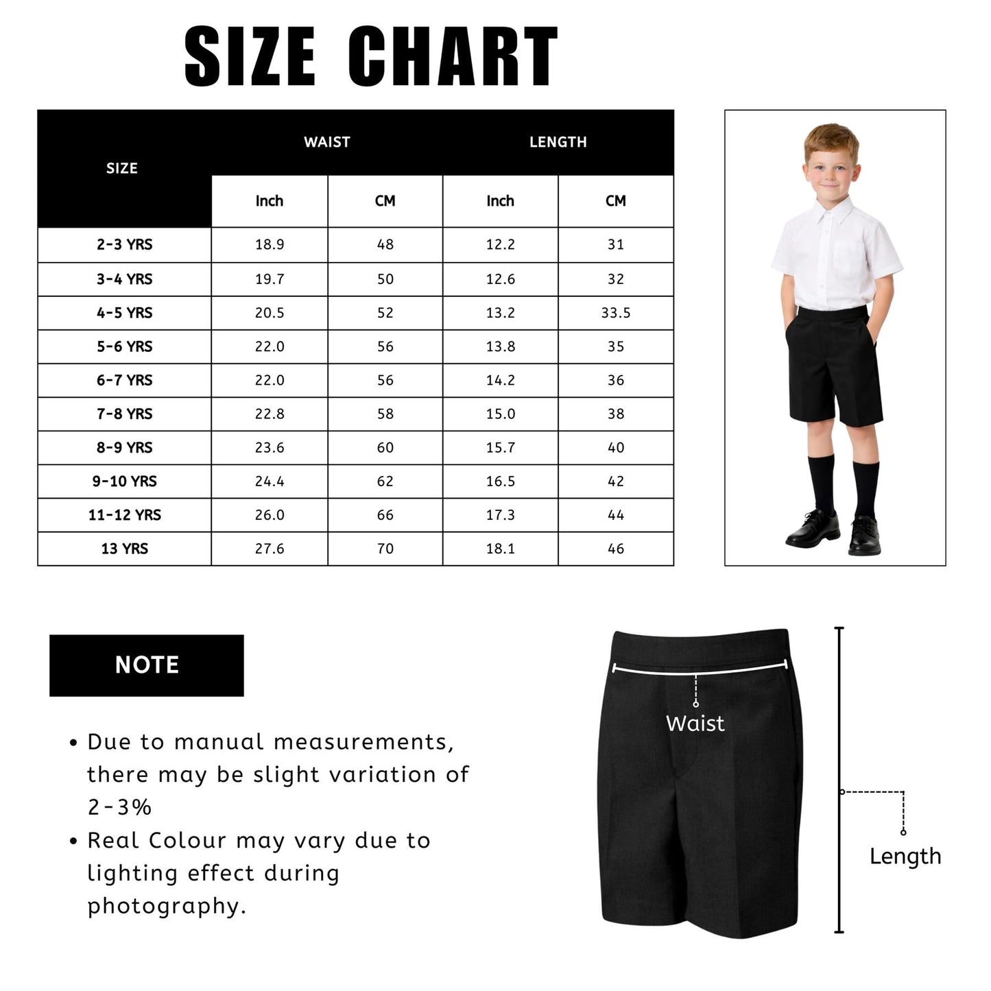 School Stitch® Boys School Shorts, Waist Adjuster with Half Elastic Back Knee Length Pull On Shorts With Pockets, Kids Plain Teflon Coated Black Short Pants, School Uniform Boys Ages 2-13