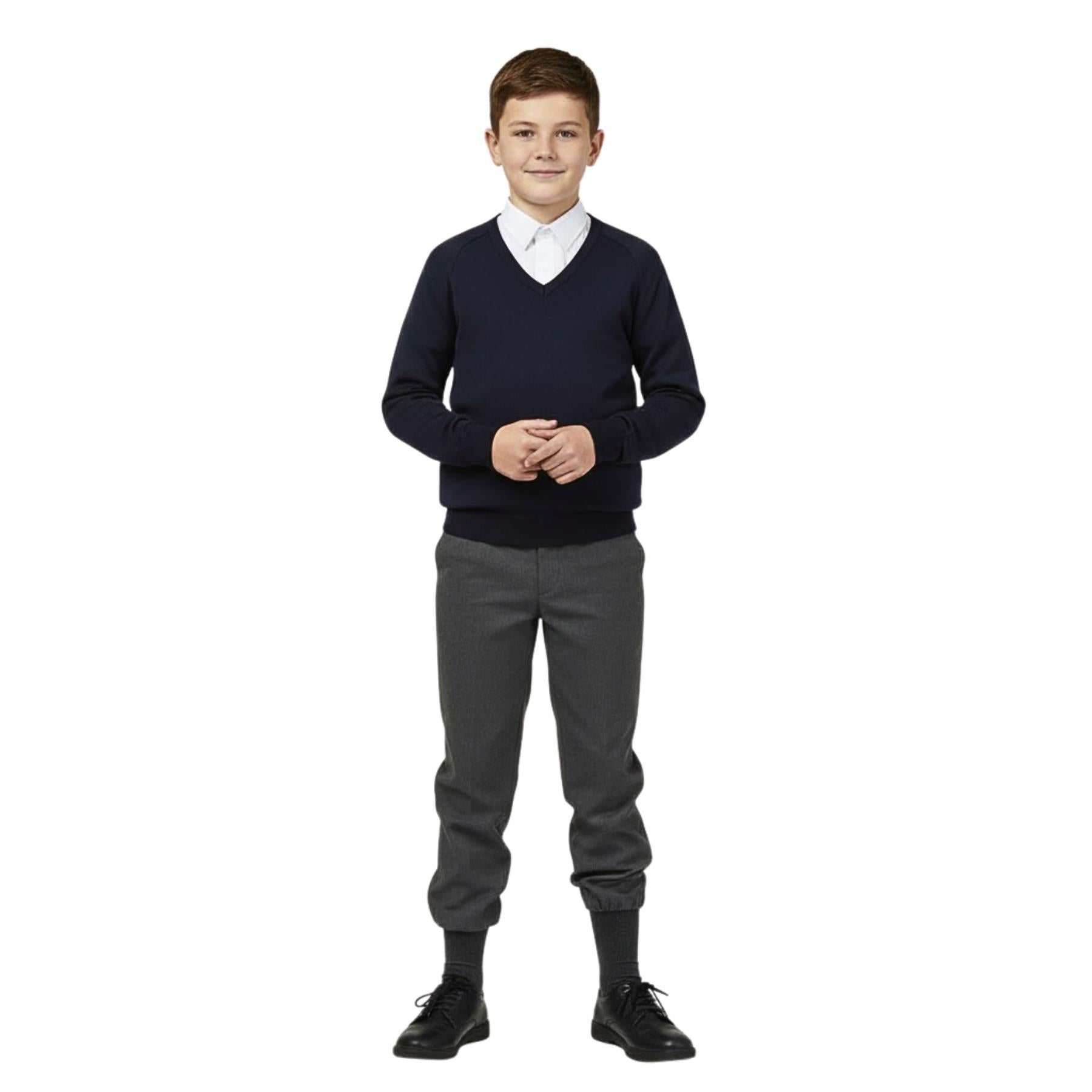 School Stitch® School Uniform V Neck Jumper, Kids Cotton Blend Long Sleeve Top Sweatshirt for Boys, Warm Plain Jumpers for Girls, Classic Grey, Navy & Black V Neck Jumper, Age 3-13 Years