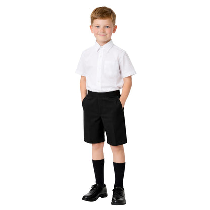 School Stitch® Boys School Shorts, Waist Adjuster with Half Elastic Back Knee Length Pull On Shorts With Pockets, Kids Plain Teflon Coated Black Short Pants, School Uniform Boys Ages 2-13