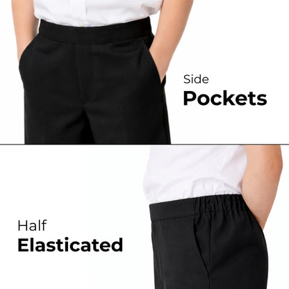 School Stitch® Boys School Shorts, Waist Adjuster with Half Elastic Back Knee Length Pull On Shorts With Pockets, Kids Plain Teflon Coated Black Short Pants, School Uniform Boys Ages 2-13