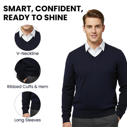 School Stitch® Premium V Neck Jumpers for Men UK, Long Sleeve Cotton Blend Mens Sweatshirts, Comfortable Fit Adults Sweaters, Classic Grey, Navy & Black Casual College & Office Wear Mens Jumper, S-XXL
