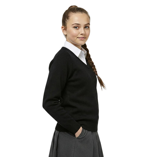 School Stitch® School Uniform V Neck Jumper, Kids Cotton Blend Long Sleeve Top Sweatshirt for Boys, Warm Plain Jumpers for Girls, Classic Grey, Navy & Black V Neck Jumper, Age 3-13 Years