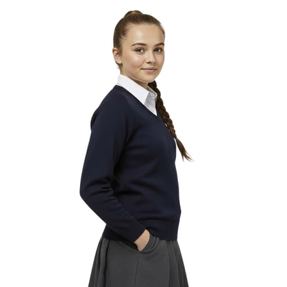 School Stitch® School Uniform V Neck Jumper, Kids Cotton Blend Long Sleeve Top Sweatshirt for Boys, Warm Plain Jumpers for Girls, Classic Grey, Navy & Black V Neck Jumper, Age 3-13 Years