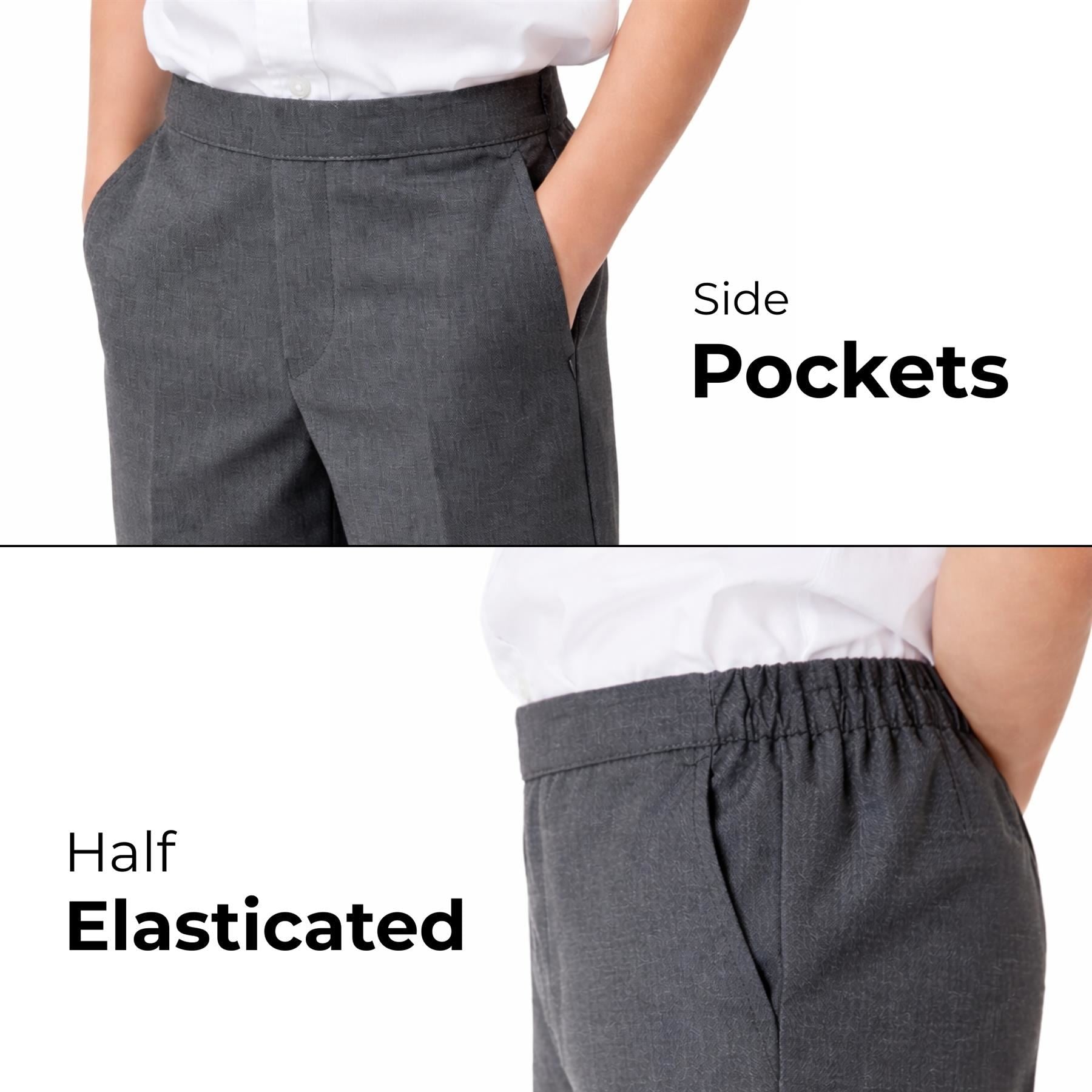 School Stitch® Boys School Shorts, Waist Adjuster with Half Elastic Back Knee Length Pull On Shorts With Pockets, Kids Plain Teflon Coated Black Short Pants, School Uniform Boys Ages 2-13