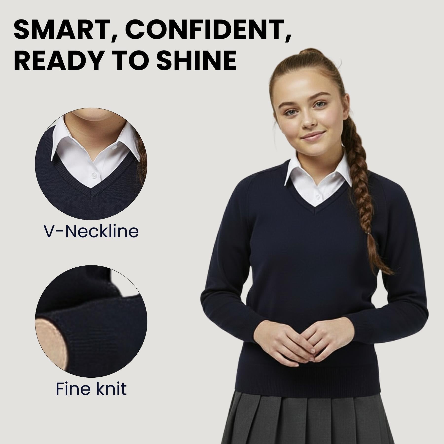 School Stitch® School Uniform V Neck Jumper, Kids Cotton Blend Long Sleeve Top Sweatshirt for Boys, Warm Plain Jumpers for Girls, Classic Grey, Navy & Black V Neck Jumper, Age 3-13 Years