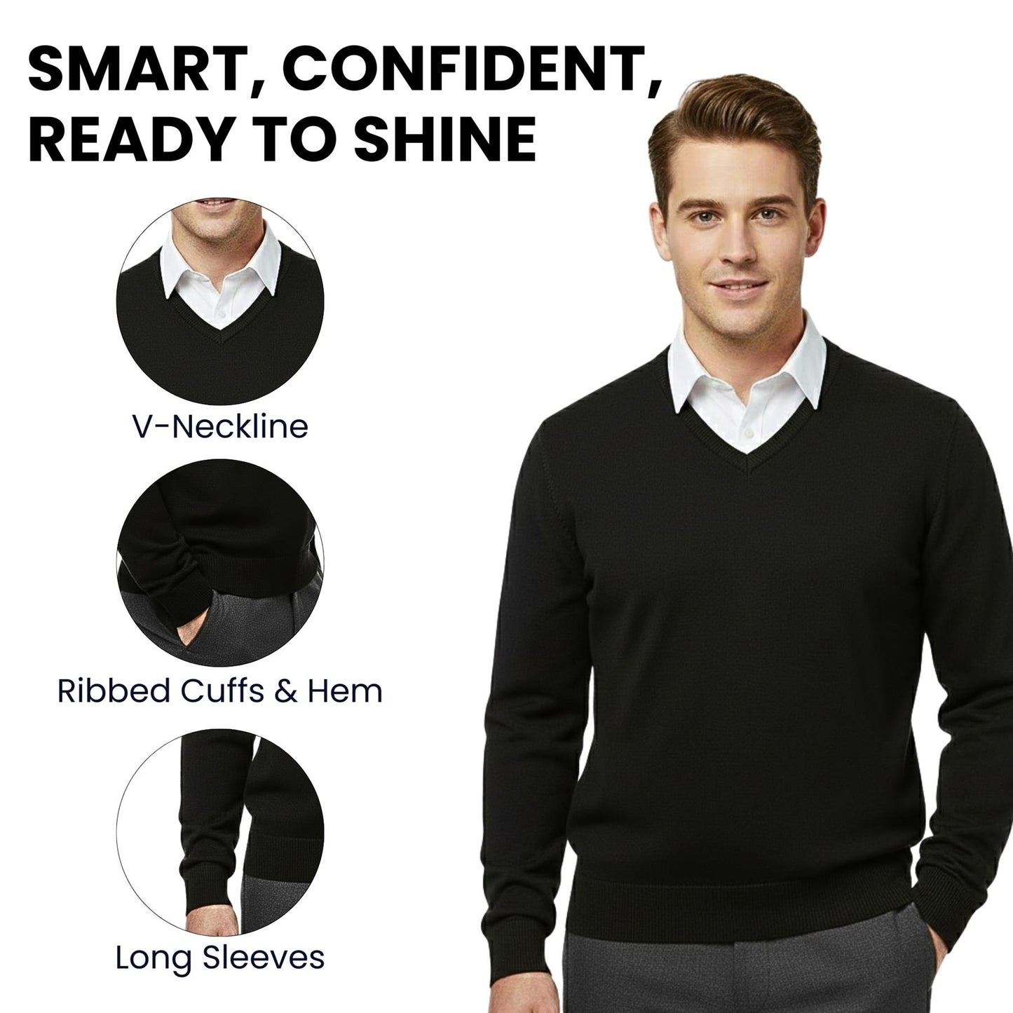 School Stitch® Premium V Neck Jumpers for Men UK, Long Sleeve Cotton Blend Mens Sweatshirts, Comfortable Fit Adults Sweaters, Classic Grey, Navy & Black Casual College & Office Wear Mens Jumper, S-XXL